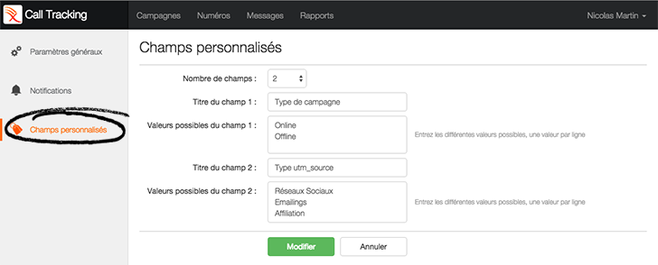 Champs personnalisés Call Tracking