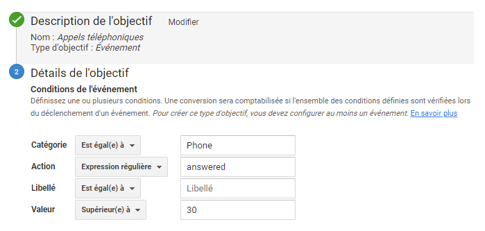 Créer des objectifs Google Analytics en fonction de la durée d'appel