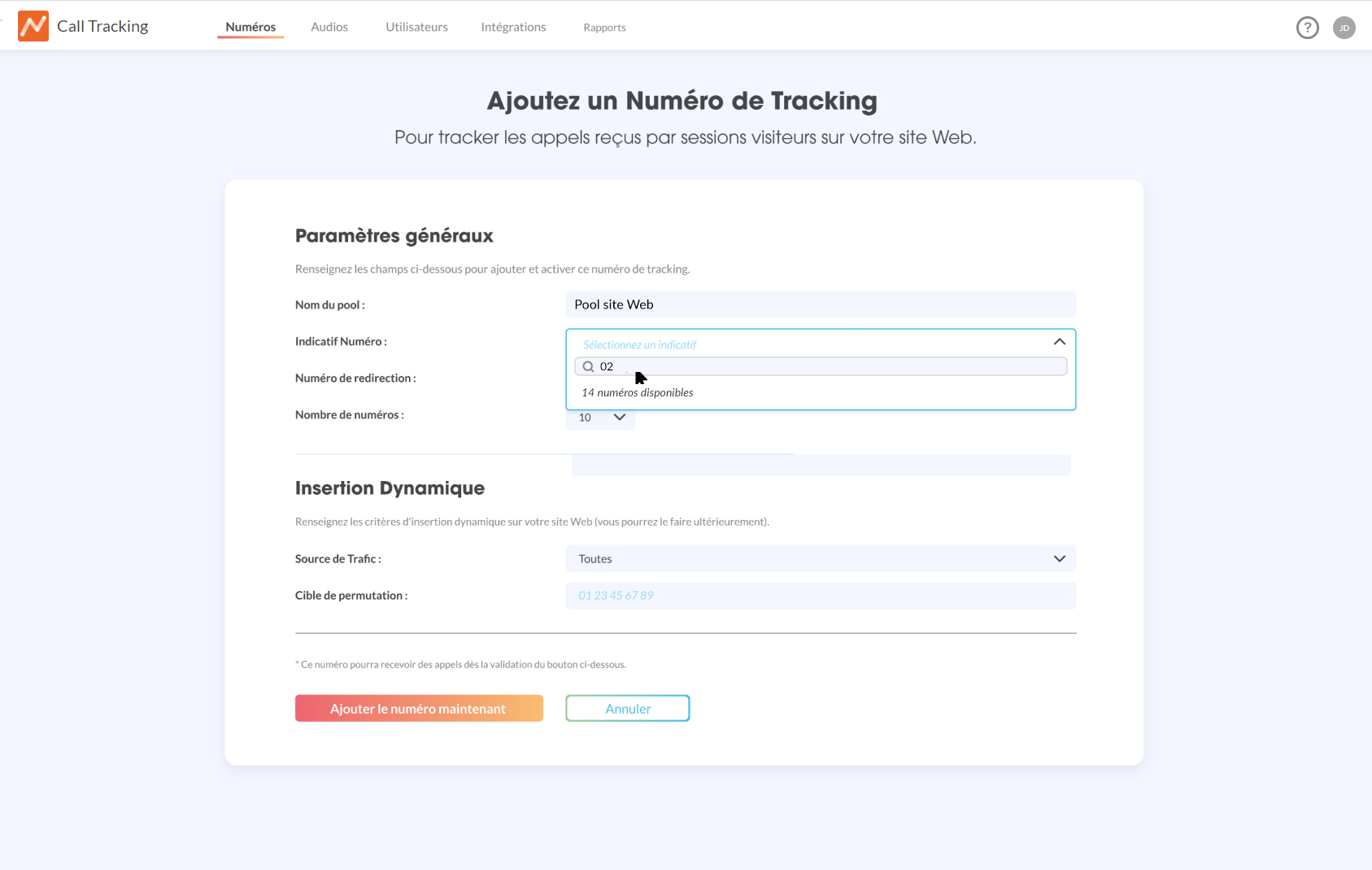 Exemple formulaire nouvelle interface call tracking